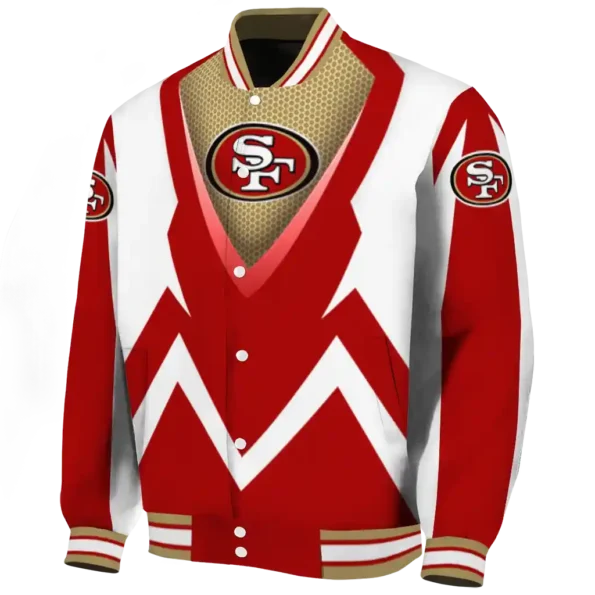 personalized san francisco 49ers v stripes red white varsity jacket best selling