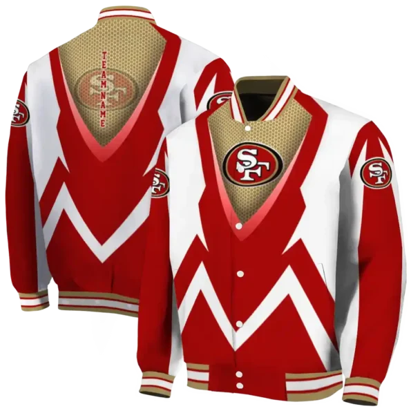 personalized san francisco 49ers v stripes red white varsity jacket fashion forward