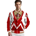 personalized san francisco 49ers v stripes red white varsity jacket best selling