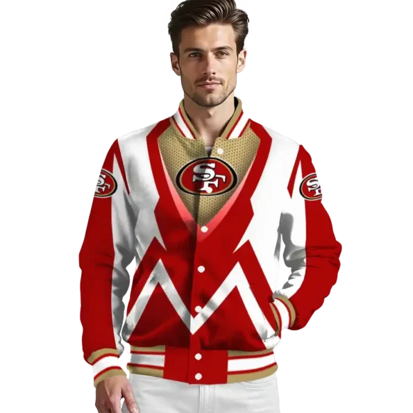 personalized san francisco 49ers v stripes red white varsity jacket high quality