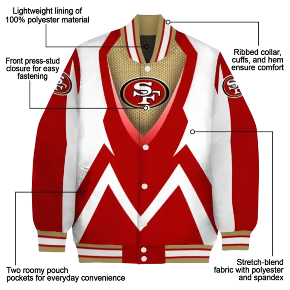 personalized san francisco 49ers v stripes red white varsity jacket new arrival