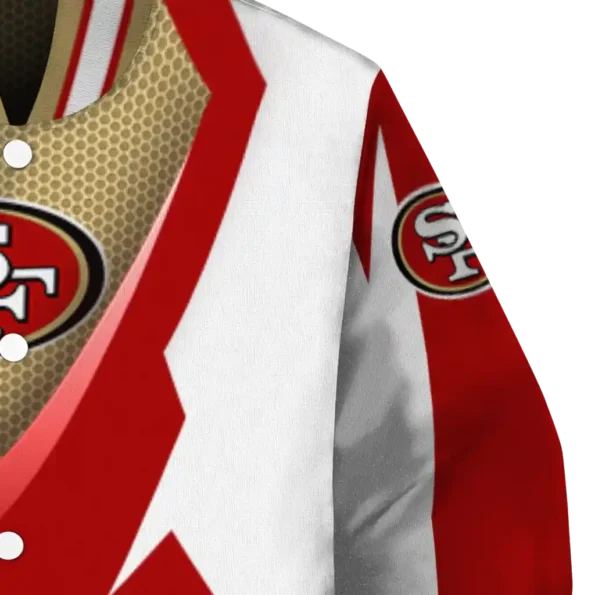 personalized san francisco 49ers v stripes red white varsity jacket premium grade
