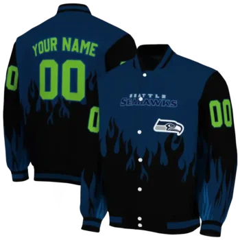 personalized seattle seahawks flame border blue black varsity jacket fashion forward
