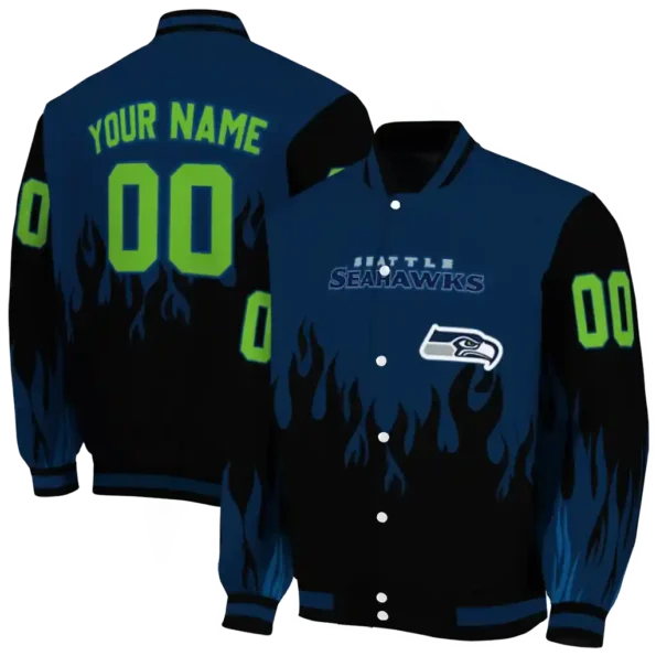 personalized seattle seahawks flame border blue black varsity jacket fashion forward