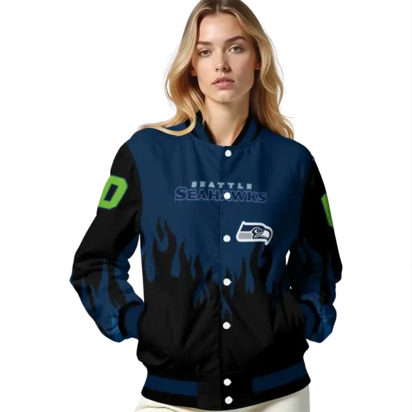 personalized seattle seahawks flame border blue black varsity jacket latest model