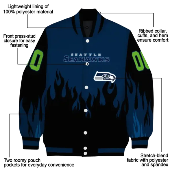 personalized seattle seahawks flame border blue black varsity jacket new arrival