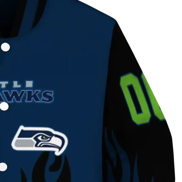 personalized seattle seahawks flame border blue black varsity jacket premium grade