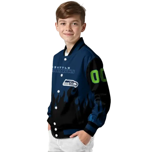 personalized seattle seahawks flame border blue black varsity jacket trendy