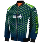 personalized seattle seahawks hexagon grid blue bomber jacket best selling