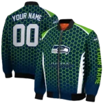 personalized seattle seahawks hexagon grid blue bomber jacket best selling