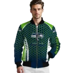 personalized seattle seahawks hexagon grid blue bomber jacket best selling