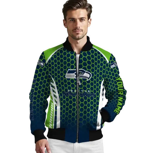 personalized seattle seahawks hexagon grid blue bomber jacket high quality