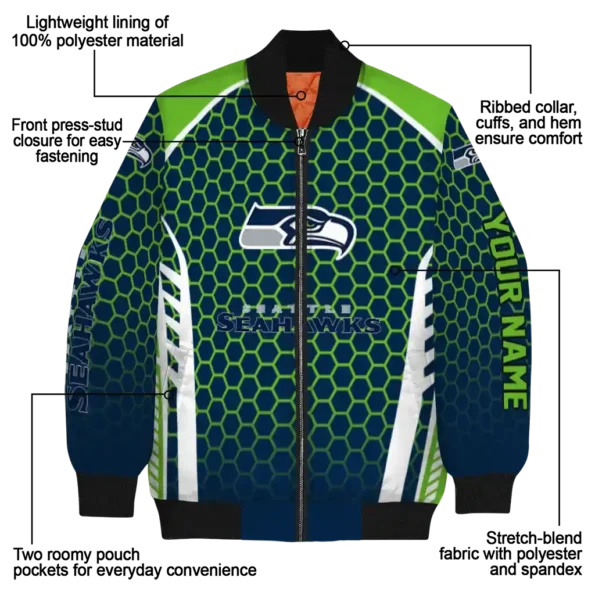 personalized seattle seahawks hexagon grid blue bomber jacket new arrival