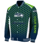 personalized seattle seahawks hexagon grid blue varsity jacket best selling