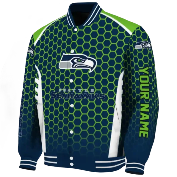 personalized seattle seahawks hexagon grid blue varsity jacket best selling