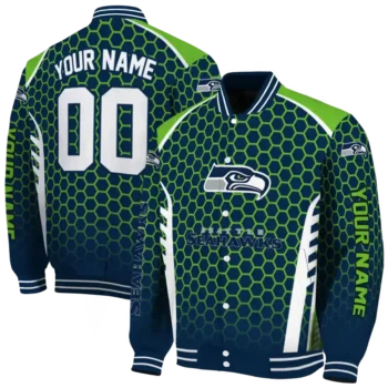 personalized seattle seahawks hexagon grid blue varsity jacket fashion forward