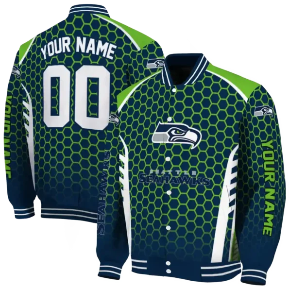 personalized seattle seahawks hexagon grid blue varsity jacket fashion forward