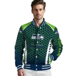 personalized seattle seahawks hexagon grid blue varsity jacket best selling