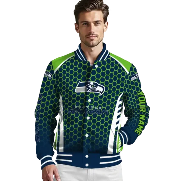 personalized seattle seahawks hexagon grid blue varsity jacket high quality