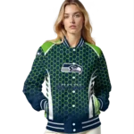 personalized seattle seahawks hexagon grid blue varsity jacket best selling