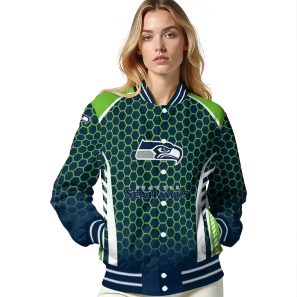 personalized seattle seahawks hexagon grid blue varsity jacket latest model