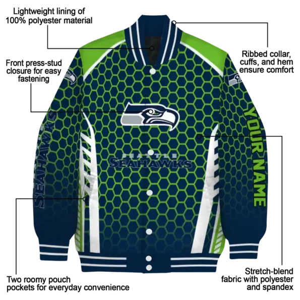 personalized seattle seahawks hexagon grid blue varsity jacket new arrival