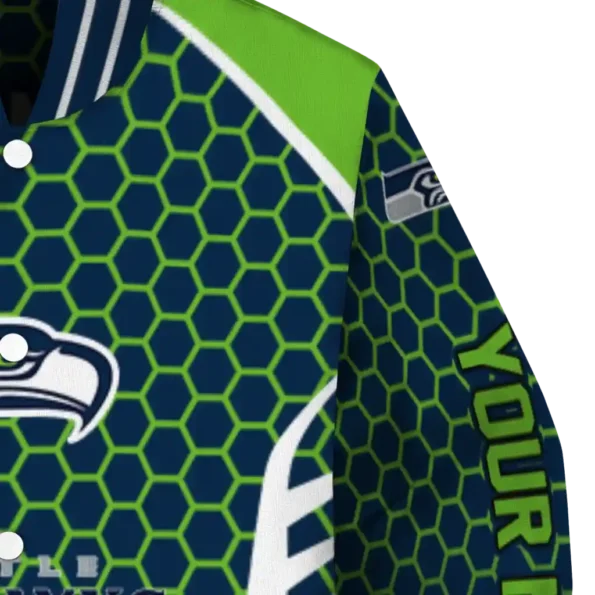 personalized seattle seahawks hexagon grid blue varsity jacket premium grade