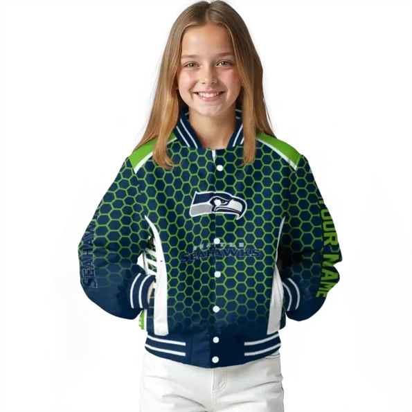 personalized seattle seahawks hexagon grid blue varsity jacket top rated