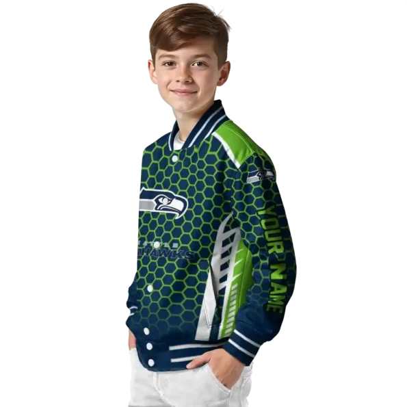 personalized seattle seahawks hexagon grid blue varsity jacket trendy
