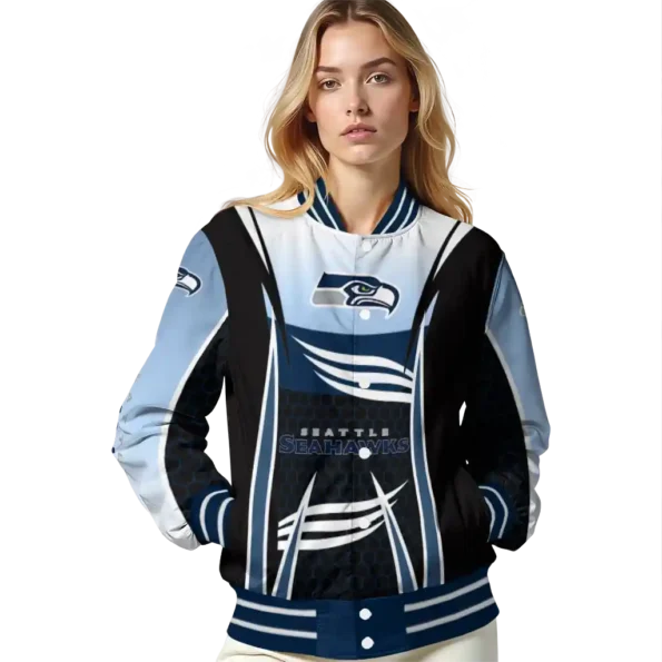personalized seattle seahawks mesh effect blue black varsity jacket latest model