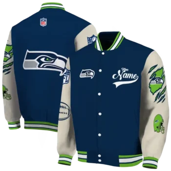 personalized seattle seahawks razorback outline blue nude varsity jacket fashion forward