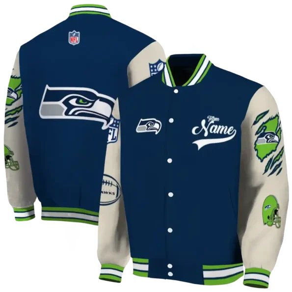 personalized seattle seahawks razorback outline blue nude varsity jacket fashion forward
