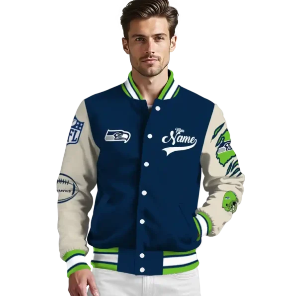 personalized seattle seahawks razorback outline blue nude varsity jacket high quality