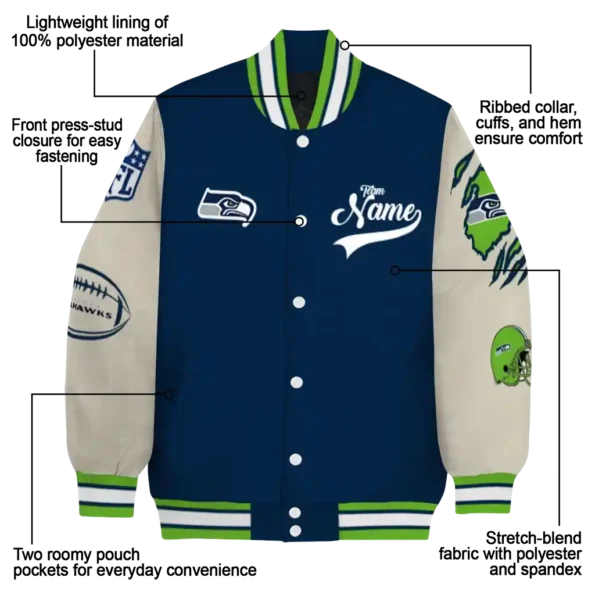 personalized seattle seahawks razorback outline blue nude varsity jacket new arrival
