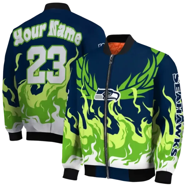 personalized seattle seahawks winged blaze blue white bomber jacket fashion forward