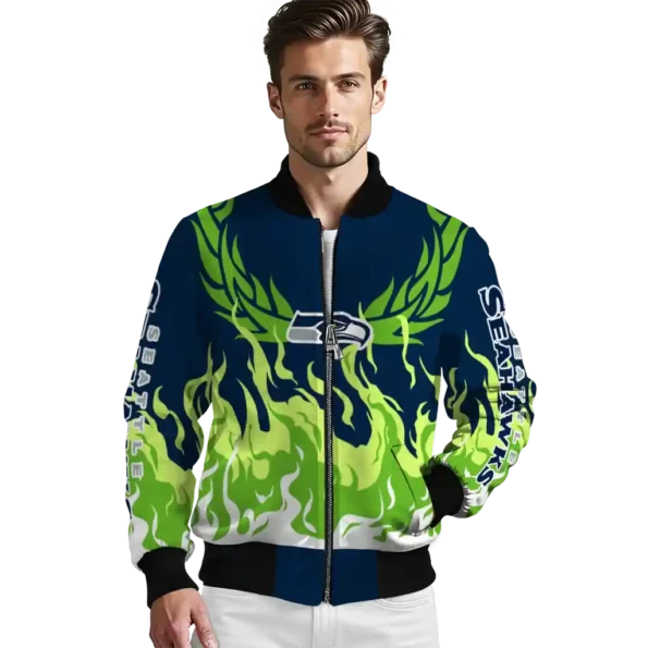 personalized seattle seahawks winged blaze blue white bomber jacket high quality