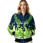 personalized seattle seahawks winged blaze blue white bomber jacket best selling