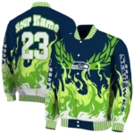 personalized seattle seahawks winged blaze blue white varsity jacket best selling