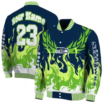 personalized seattle seahawks winged blaze blue white varsity jacket fashion forward