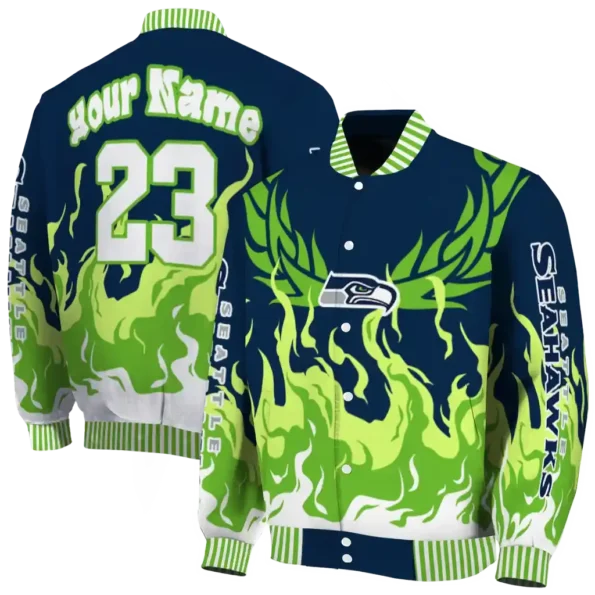 personalized seattle seahawks winged blaze blue white varsity jacket fashion forward
