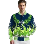 personalized seattle seahawks winged blaze blue white varsity jacket best selling