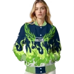 personalized seattle seahawks winged blaze blue white varsity jacket best selling