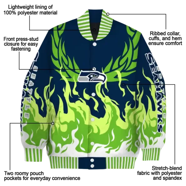 personalized seattle seahawks winged blaze blue white varsity jacket new arrival