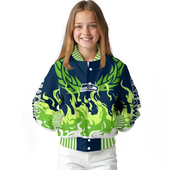 personalized seattle seahawks winged blaze blue white varsity jacket top rated