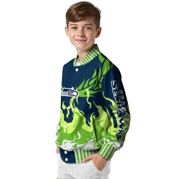 personalized seattle seahawks winged blaze blue white varsity jacket trendy