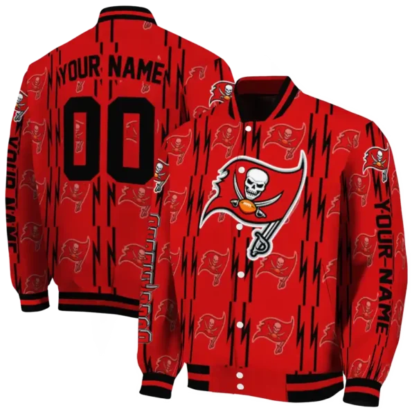 personalized tampa bay buccaneers bolt stripe red varsity jacket fashion forward