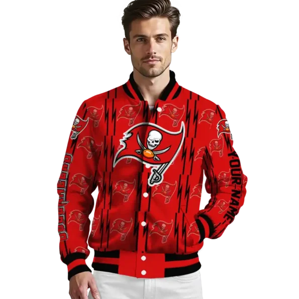 personalized tampa bay buccaneers bolt stripe red varsity jacket high quality
