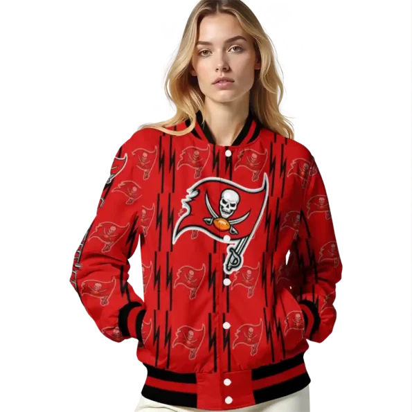personalized tampa bay buccaneers bolt stripe red varsity jacket latest model