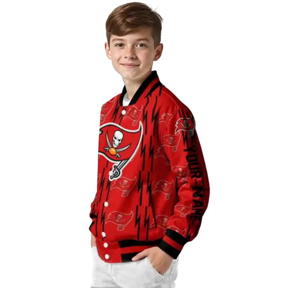 personalized tampa bay buccaneers bolt stripe red varsity jacket trendy