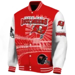 personalized tampa bay buccaneers ferris arena red white varsity jacket best selling